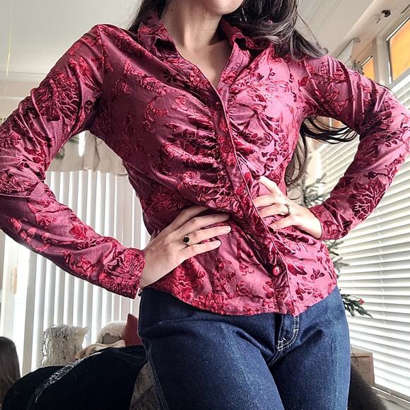 Vtg Sno Skins Velvet Burnout Burgundy Top Sz L - Picture 2 of 6